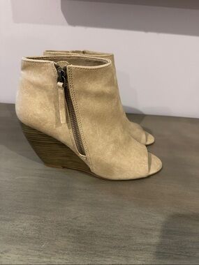 Suede Peep-Toe Wedge Booties in Taupe
